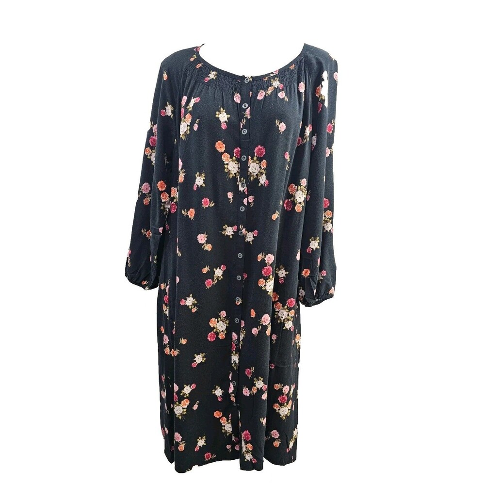 J JILL Women's M Black Multi Floral Button Front Mid Sleeve 100% Rayon Dress EUC